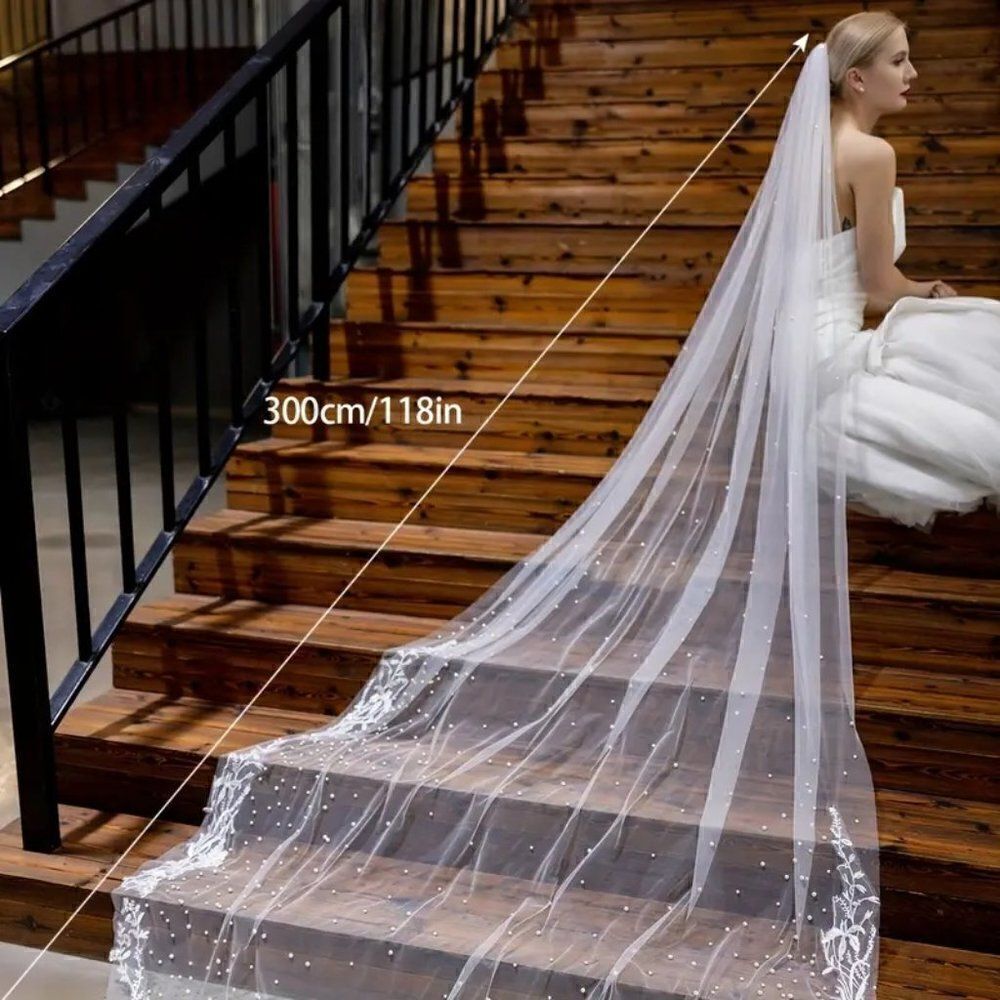 Floral Lace and Pearls Cathedral Bridal Wedding Veil With Comb Over 9' Long - Picture 3 of 7